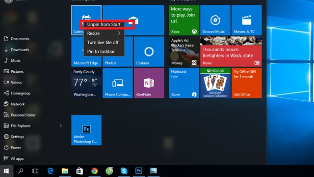 Quay lại Start Menu, unpin tất cả các app và game, sau đó thu nhỏ kích thước lại.